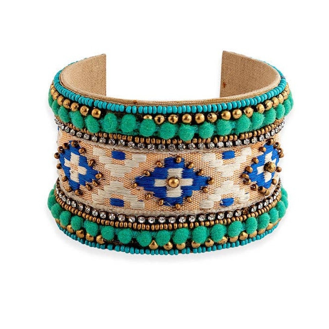 Adobe Charm Beaded Cuff Bracelet in Turquoise & River Blue