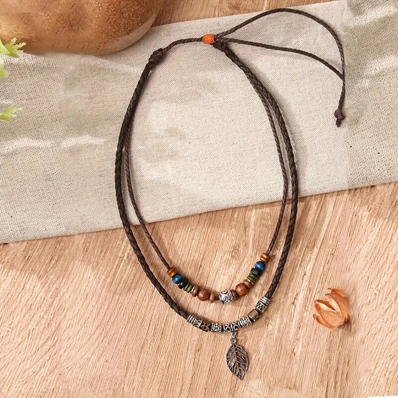 New PU Leather Leaf Wooden Bead Necklace Party Ornament Jewelry Gift Men Women