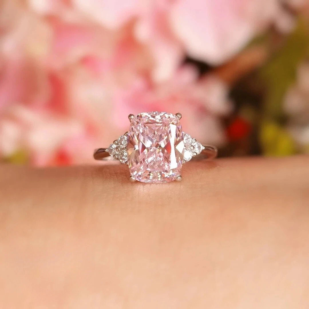 6.30 Ct Cushion Cut Natural Pink Sapphire Diamond Ring 14K White Gold Size 6 7 8