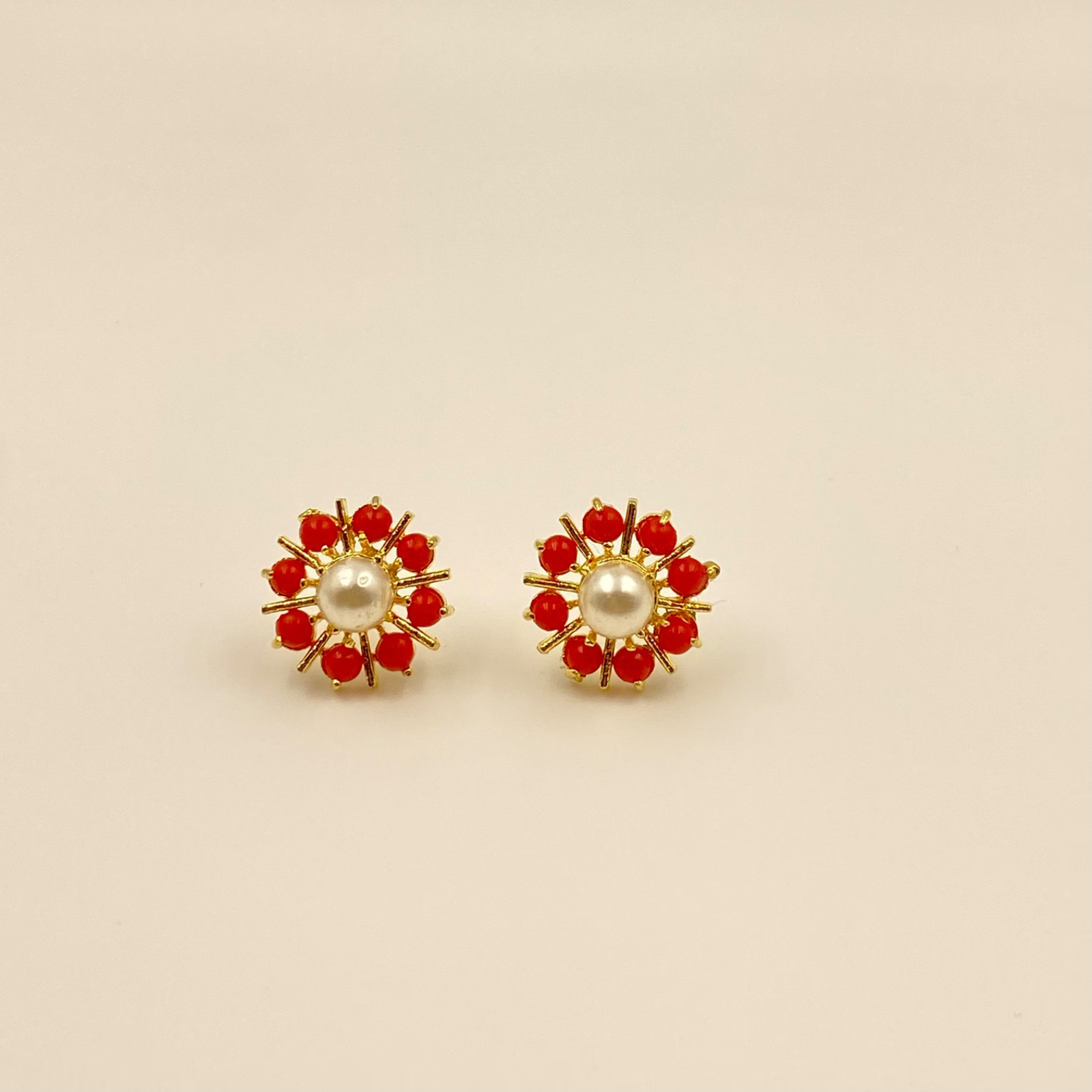 Handmade Turquoise, Coral & Pearl Gem Stud Earrings Set | Gold Plated Jewelry