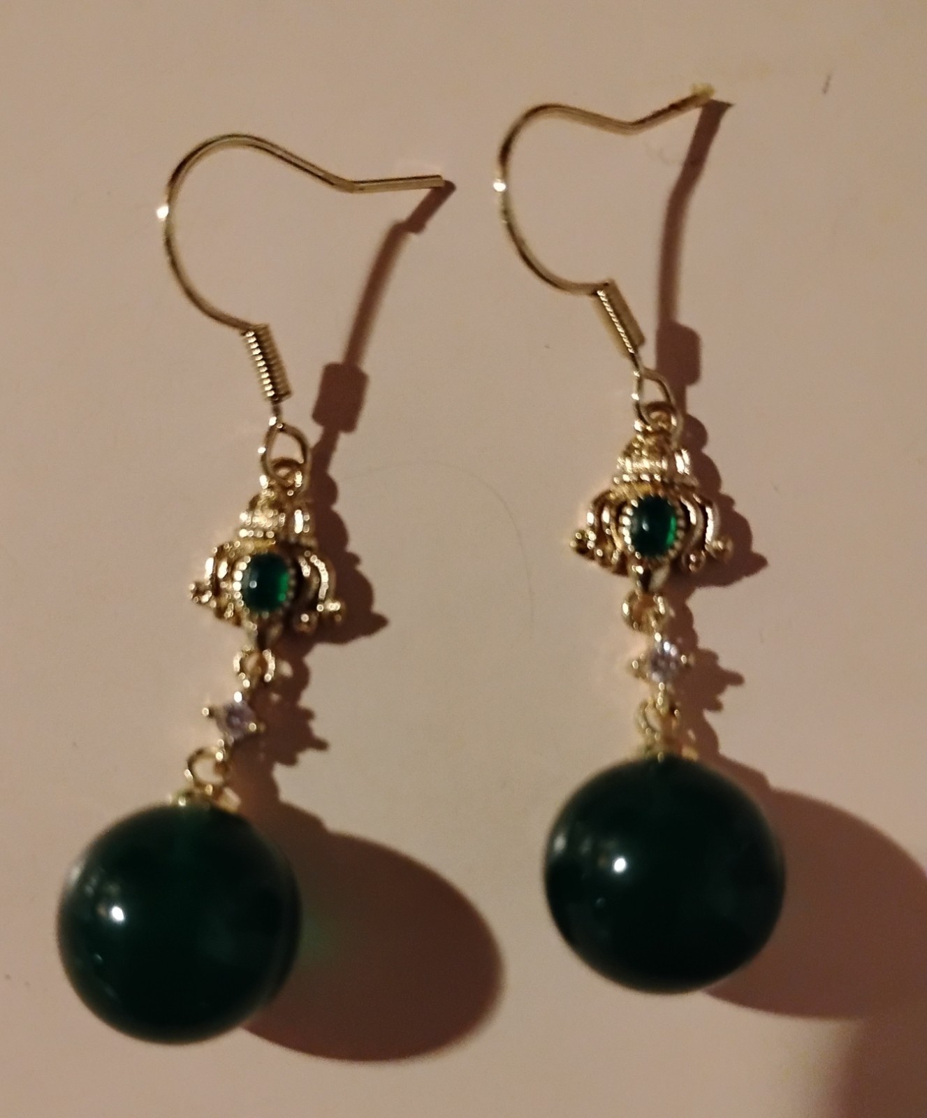 Gold Jade Round Bead Dangle/Drop Hook Earrings , At least 1OK Gold Plated