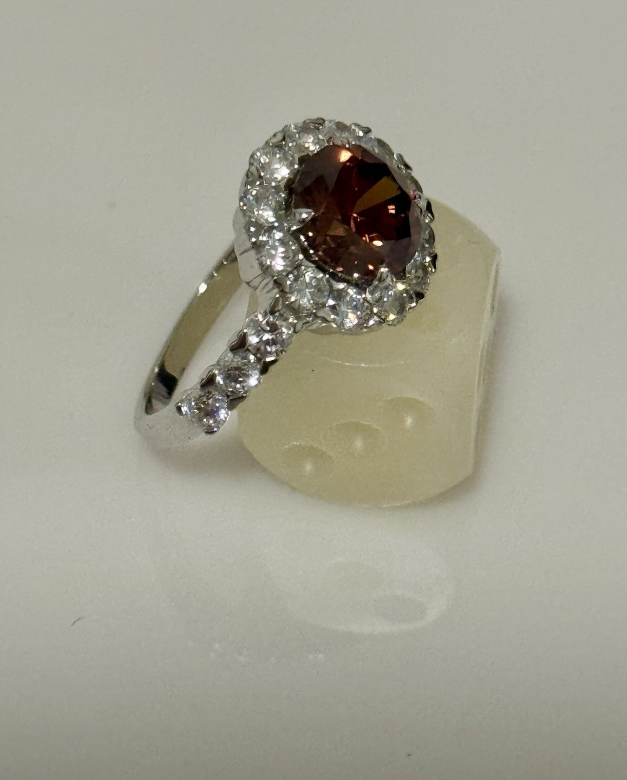 Cognac Brown/red Zircon Ring Size With Cz Accent Stones Sterling Silver Rhodium