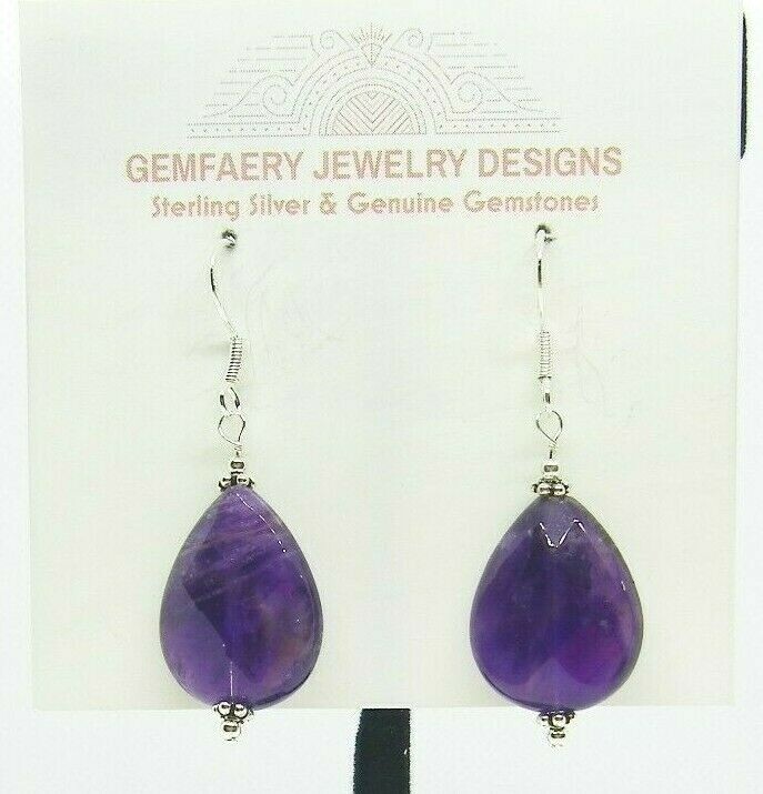 Sterling Silver Faceted AMETHYST Teardrop Dangle Earrings #2114…Handmade USA
