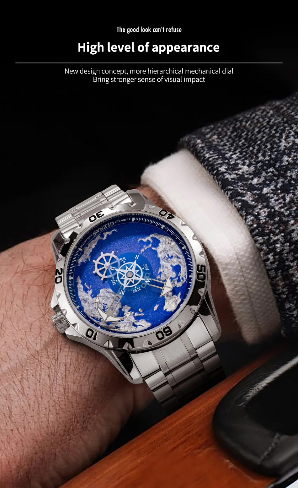 New Design Men Watches Nautical Series Traveler Stainless Steel Glowing Watch