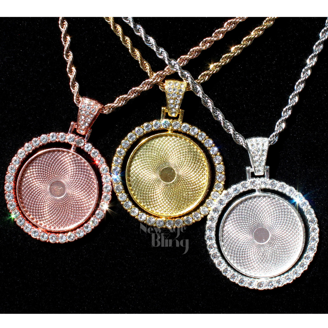 Picture Spinner Photo CZ 2 Sided Pendant Gold Plated Stainless Steel Necklace