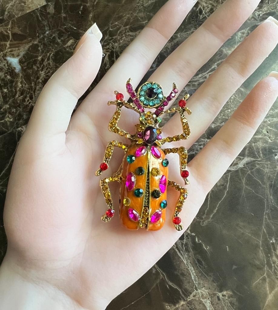 Scarab Beetle Pin LARGE Orange Enamel Rhinestone Victorian Egyptian Rev Vtg