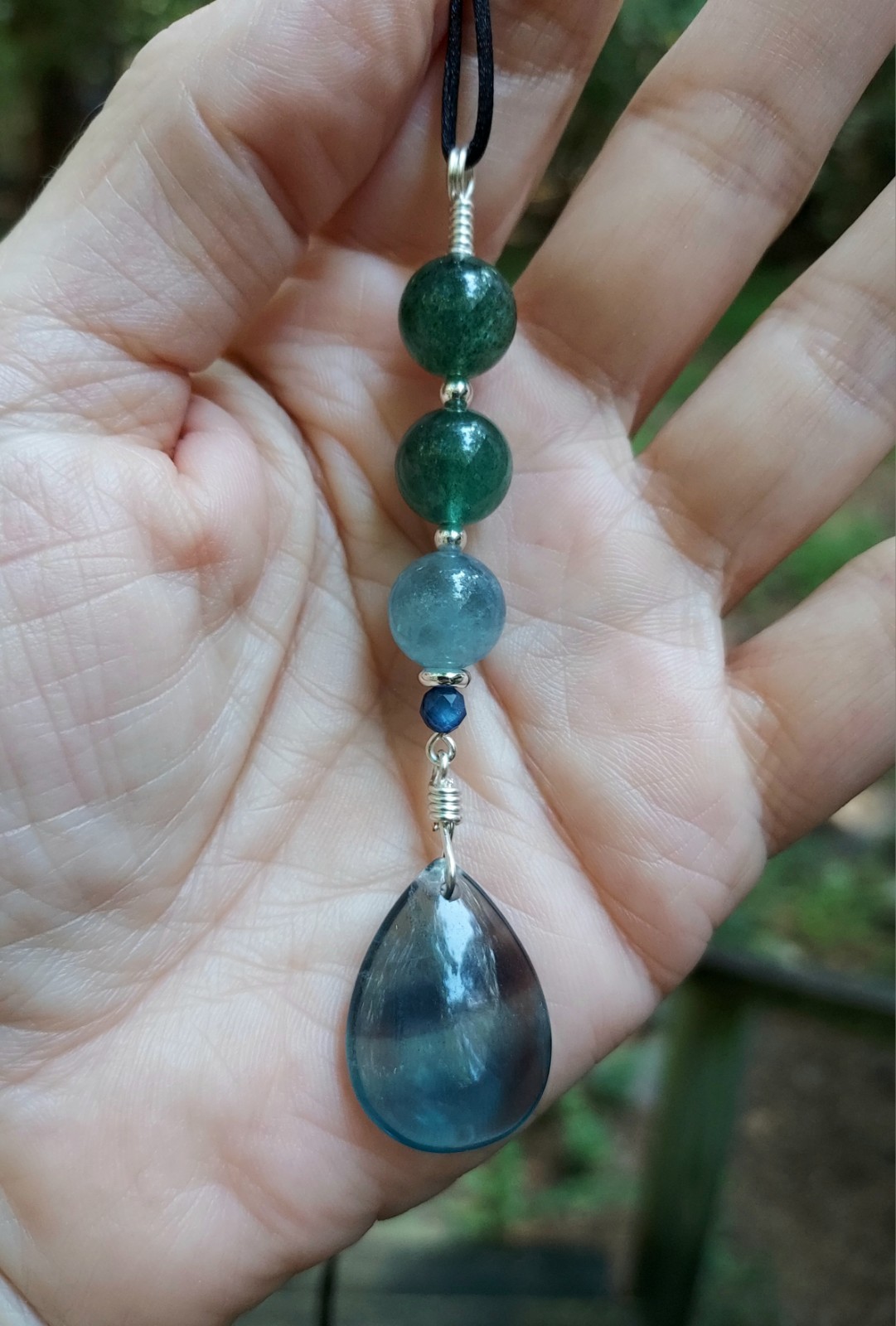Blue Fluorite Pendant With Green Strawberry Quartz, Colorful Artisan Crafted
