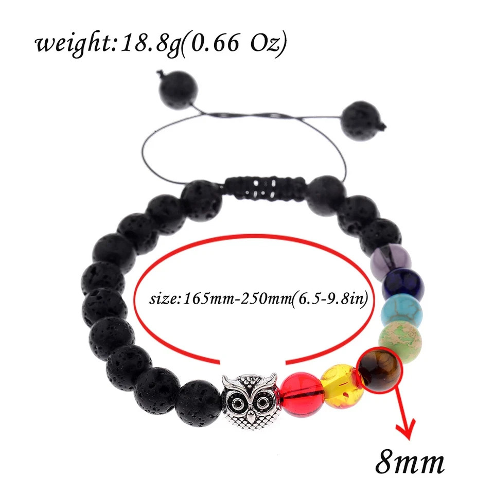 7 Chakra Adjustable Volcano Stone Beaded Bracelet with Owl Charm for Men