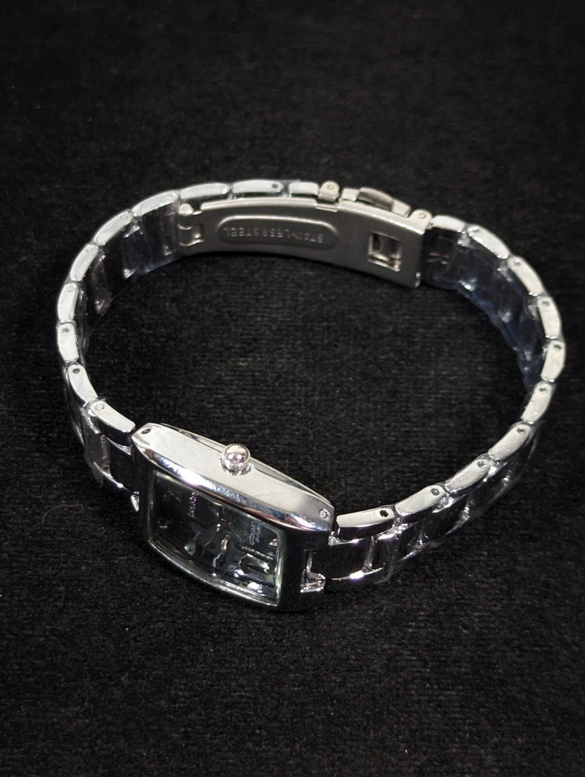 Longbo Womens Black Dial Prism Crystal Silver Tone Stainless St Band Watch NEW
