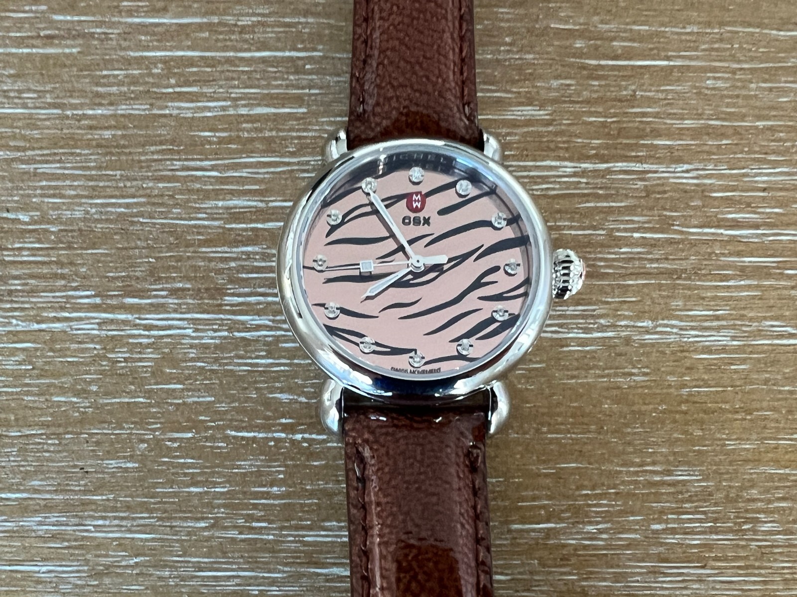 MICHELE CSX 36 TIGER DIAMOND DIAL WATCH WITH BROWN LEATHER STRAP MW03T00A0985