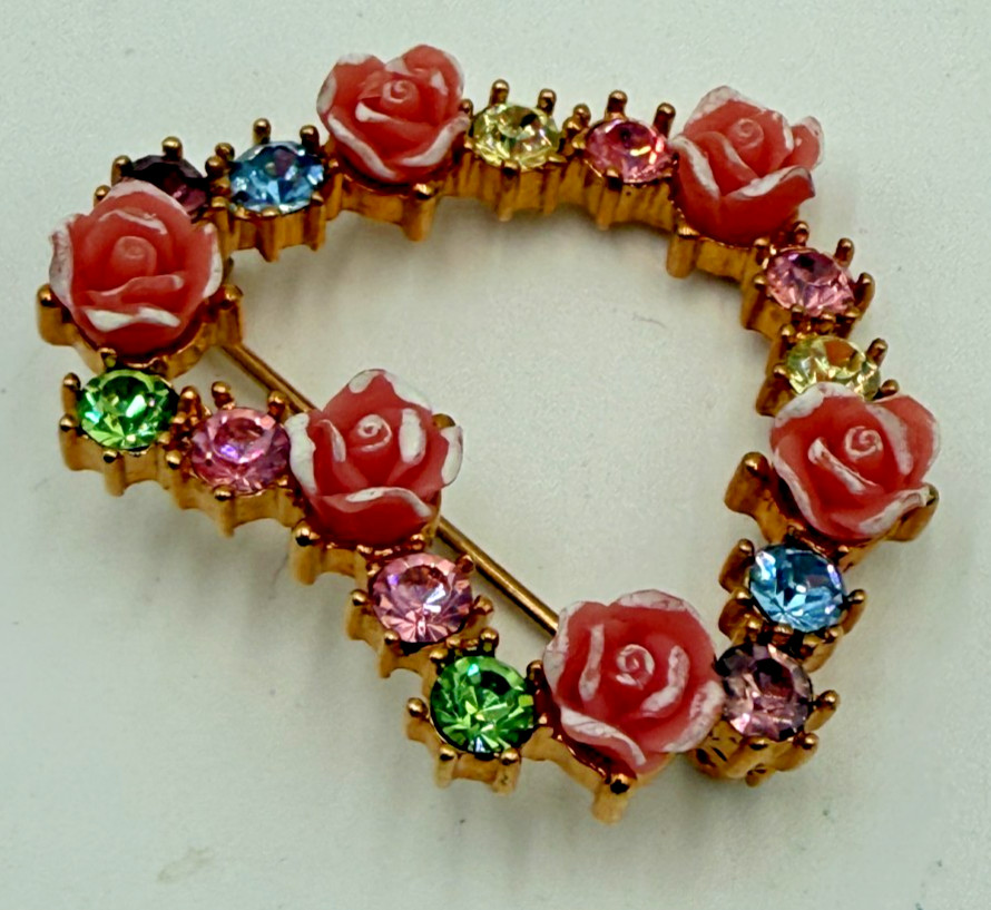 AVON JJJ Heart Shaped Floral Brooch Pink White Roses Multi Color Rhinestones
