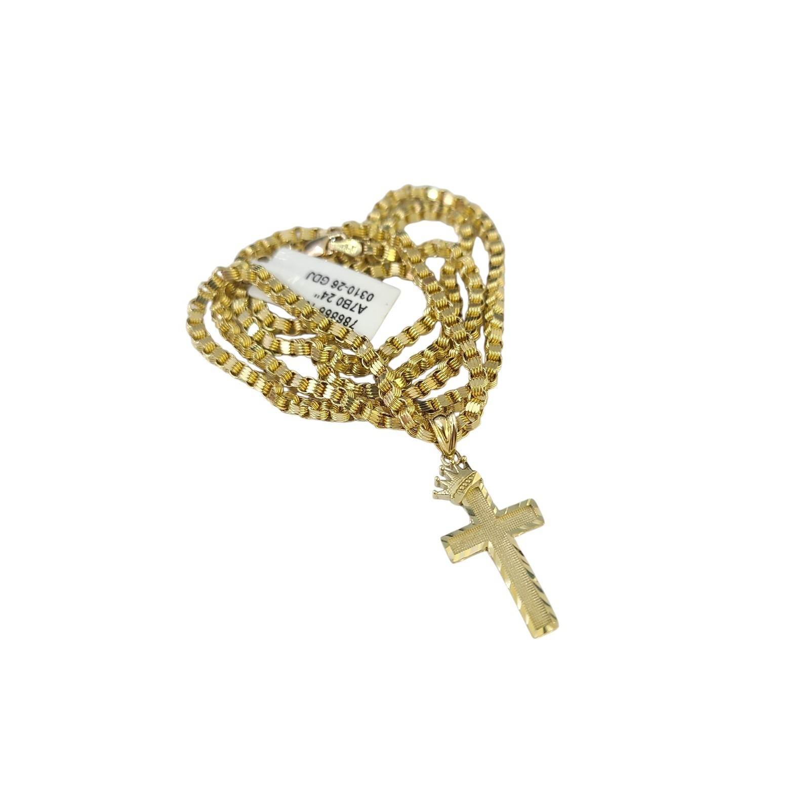 10K Gold 3mm Byzantine Chain Crown Cross Charm Pendant Set 18″-28″ Men Women