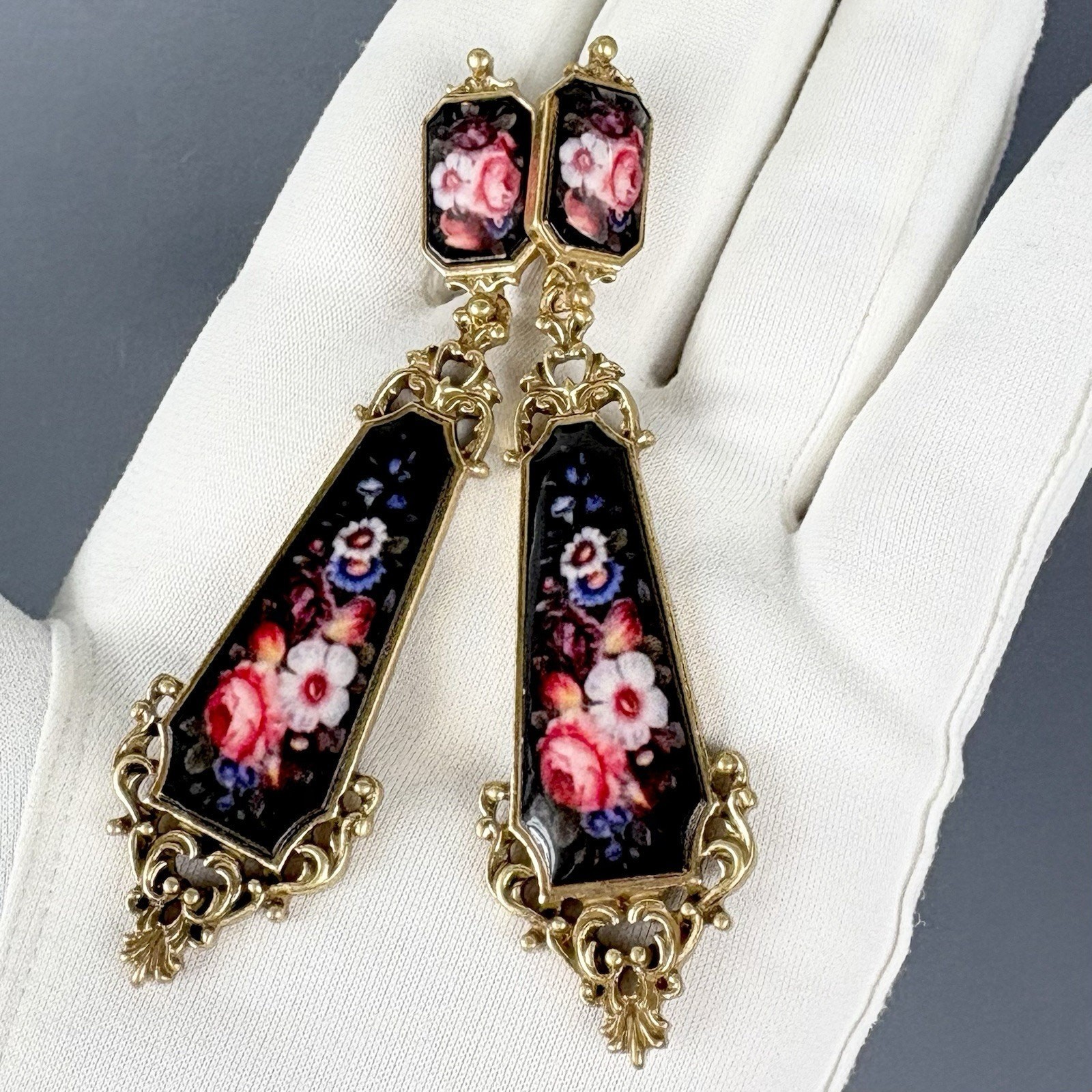 Long Victorian Revival Pendant Earrings Black Enamel Flowers Floral