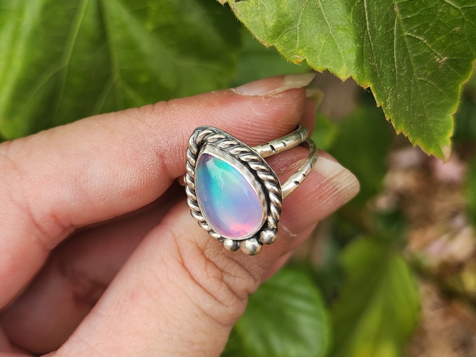 Aurora Opal Handmade Sterling Silver Ring, Statement Jewellery Jewelry Size 8.25