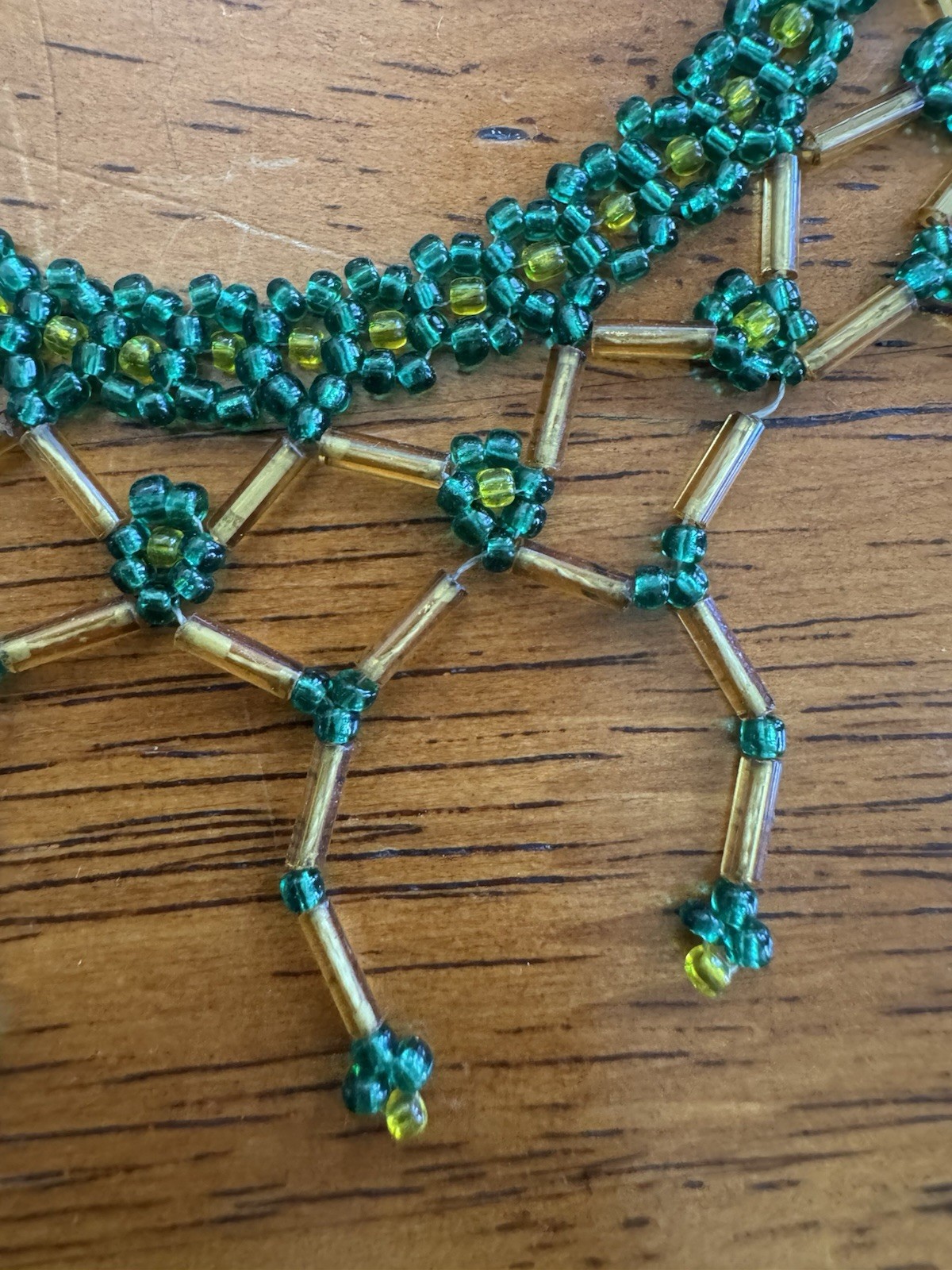 Handmade Beaded Statement Necklace Green And Yellow Choker BOHO Fringe