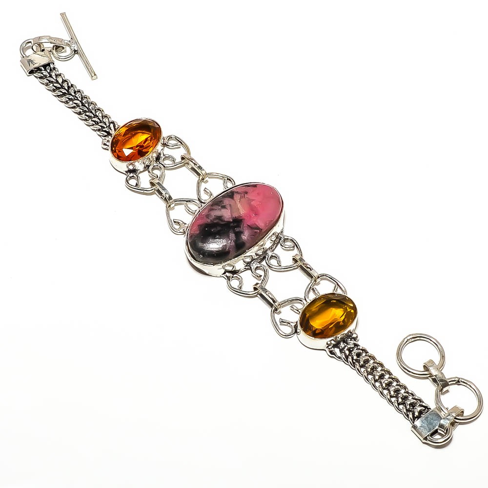 Black Manganese In Rhodonite & CiRine 925 Silver Plated Bracelet 7-7.99″ TB117