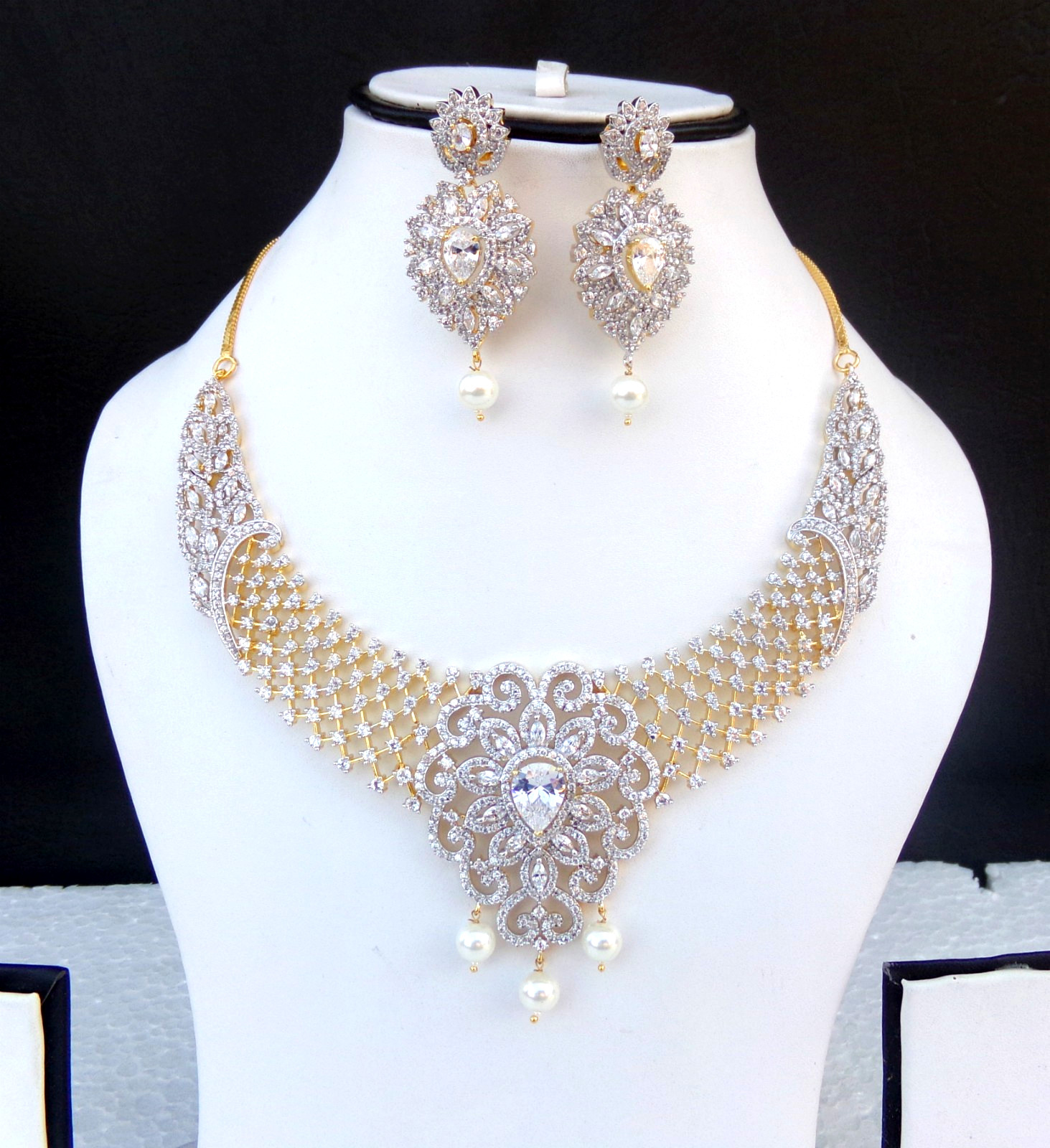 Indian Bollywood Gold Plated Ethnic AD CZ Jewelry Earrings Necklace Bridal Set