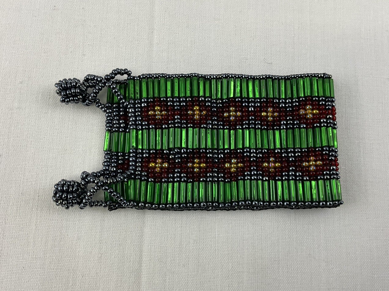 Glass Beaded Bracelet Aztec Style Black Gold Green Red L 7-1/2” x W2”