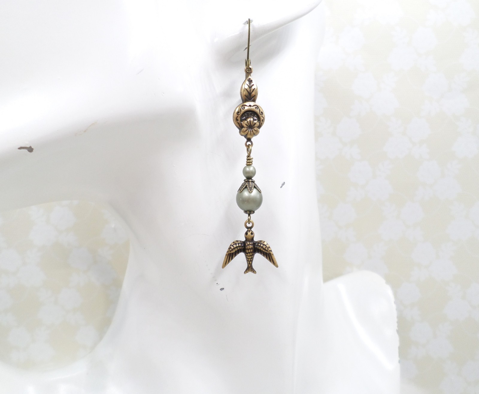 Brass Bird Earrings: Sage Green Pearl Floral Cottagecore Handmade Dangle Jewelry