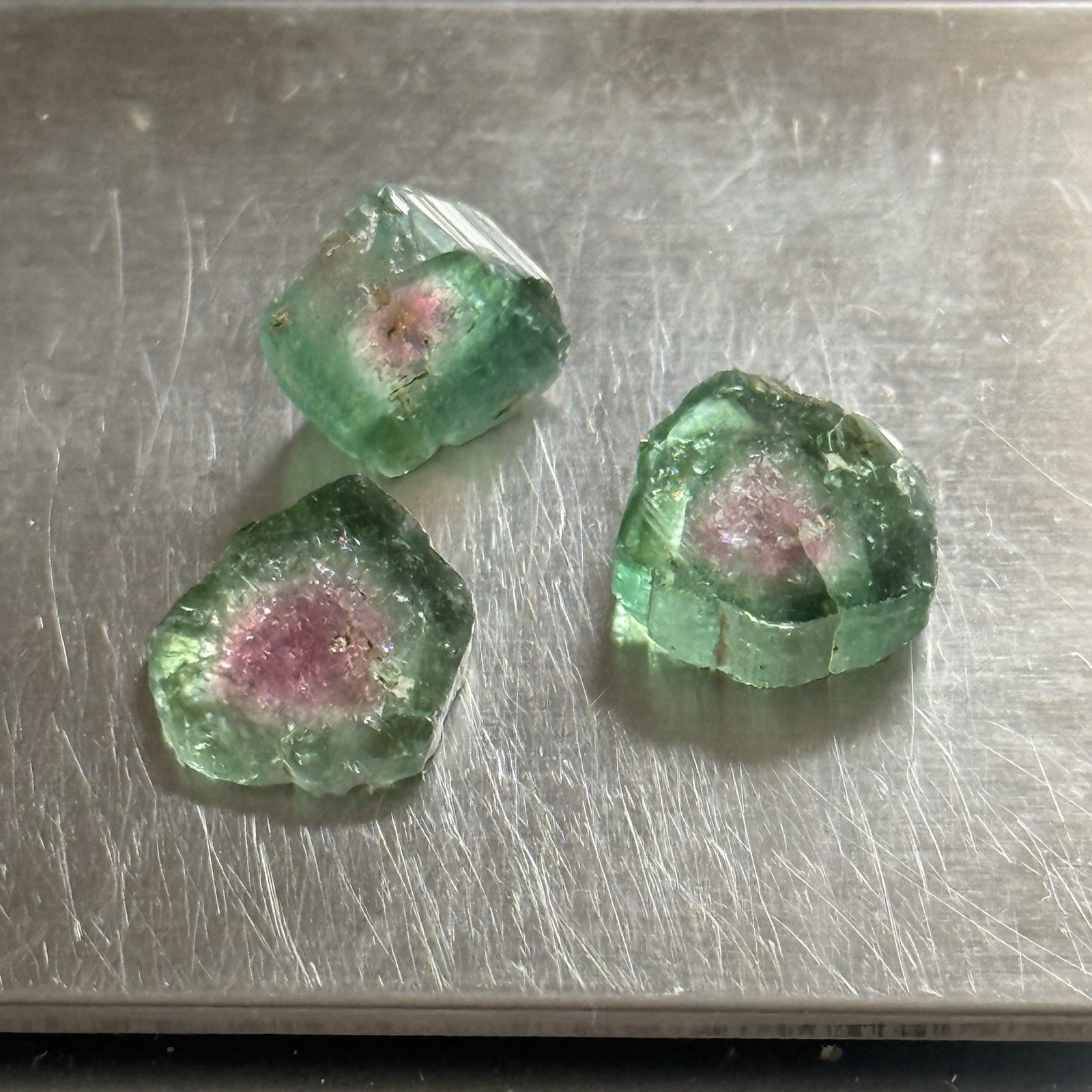 14ct 11-12×2.8-4.7mm 3pc Lot Pink Green Watermelon Tourmaline Slices Cabochons