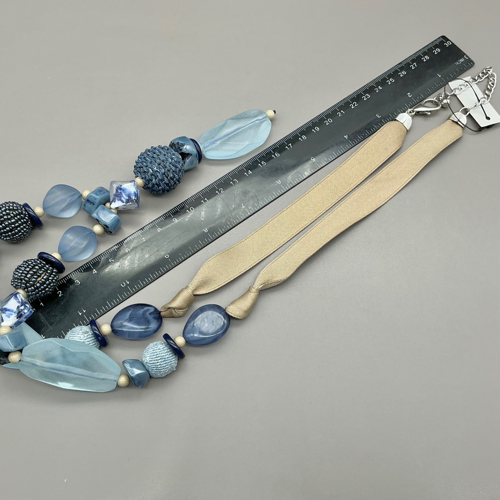 Chico’s Necklace Womens Blue Tone Mixed Bead Ribbon Statement Chunky 24-28 Inch
