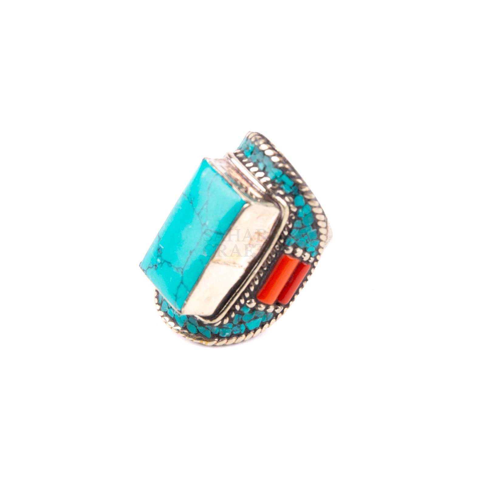 Tibetan Ring, Red Coral Turquoise Stone, Traditional Tibetan Bead Jewelry, US9.5