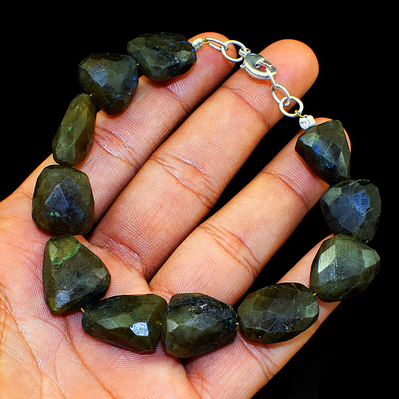 248.00 Cts Natural 7 Inches long Labradorite Faceted Beads Bracelet NK 85E103