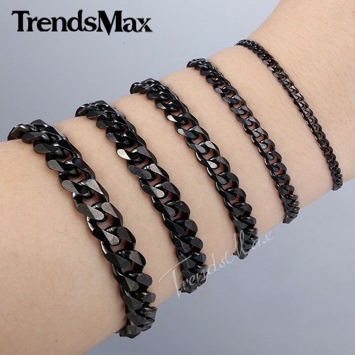 3/5/7/9/11mm Black Tone Stainless Steel Curb Cuban Link Chain Bracelet 7-11inch