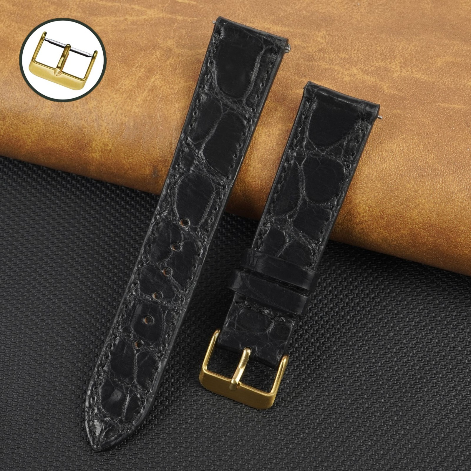 19mm Black Flat Leather Watch Band Genuine Crocodile Watch Strap Gold Buckle