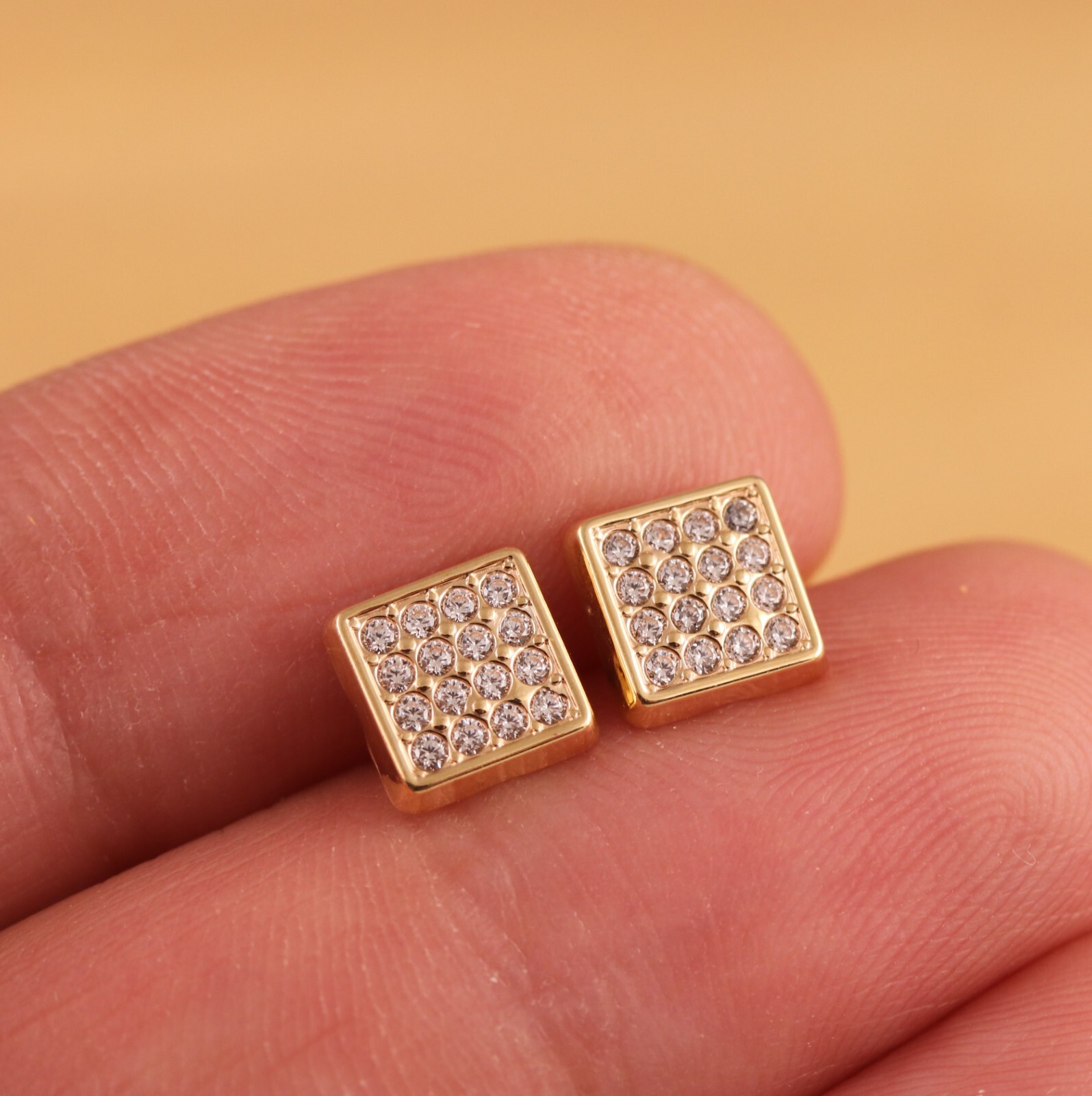 Genuine 9CT Yellow Gold Square CZ Stud Earrings 7x7mm a Pair Gift Box