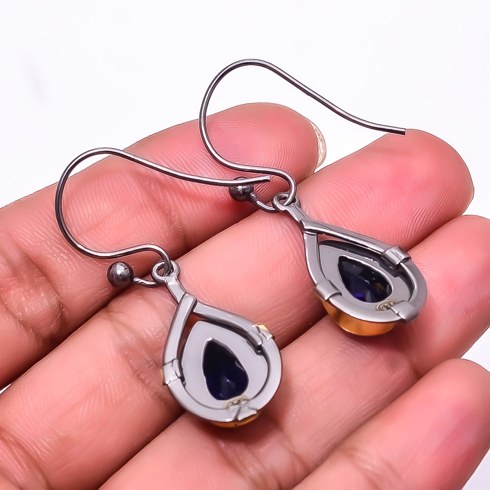 Blue Sapphire (Simulated) 925 Silver Black And Gold Rhodium Plated Earring 1.76″