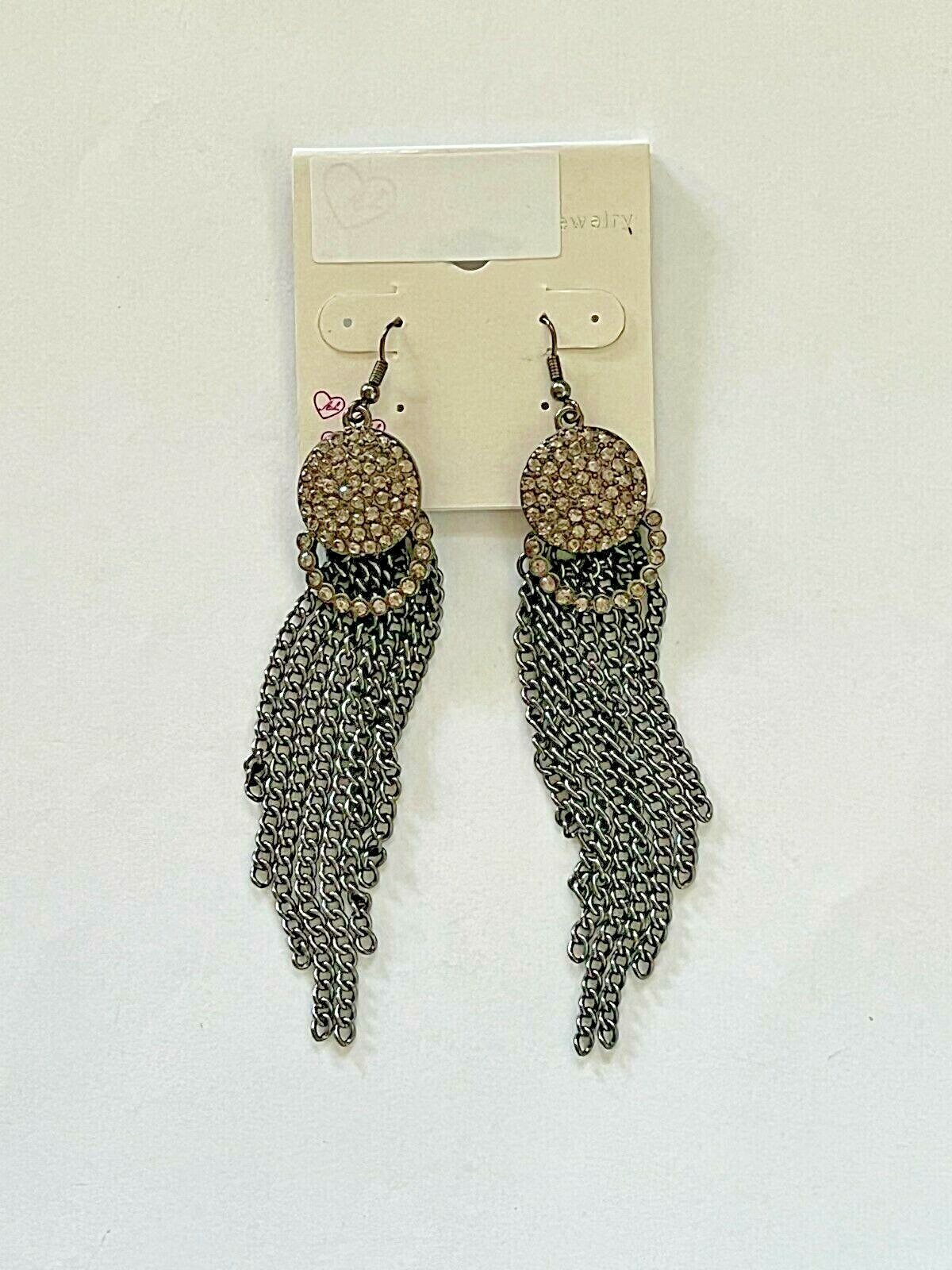 J6219 UNIQUE GUN METAL GRAY TASSEL DIAMANTE DANGLE HOOK EARRINGS