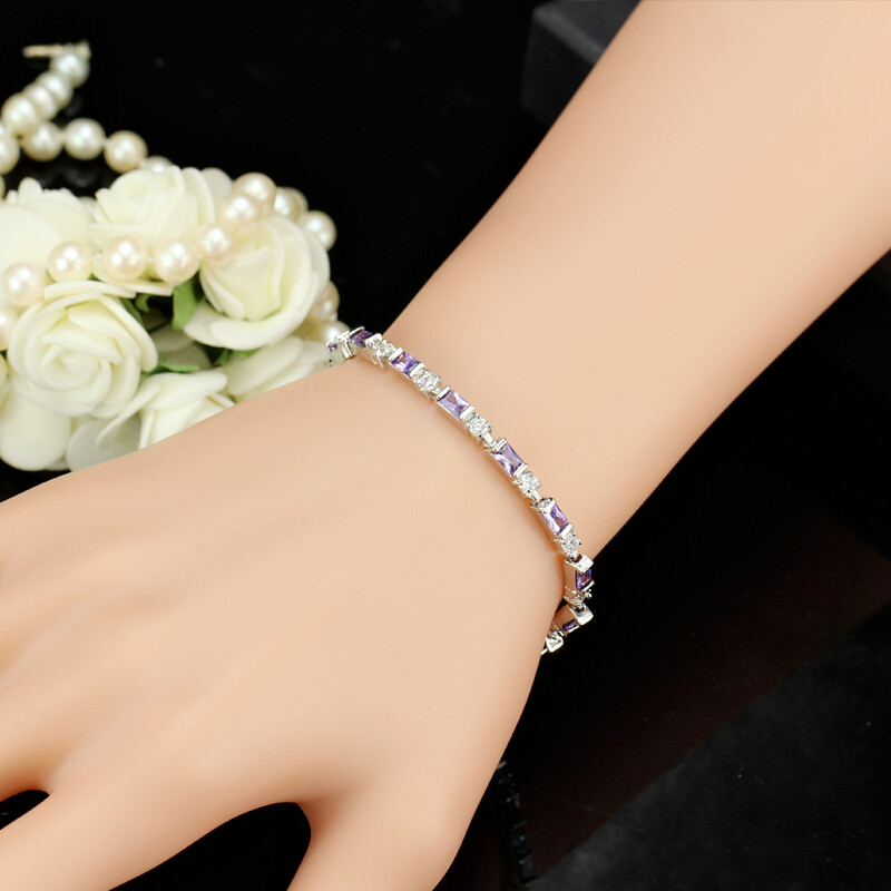 Silver Plated Fashion CZ Red Green Blue Crystal Charm Tennis Bracelets for Women