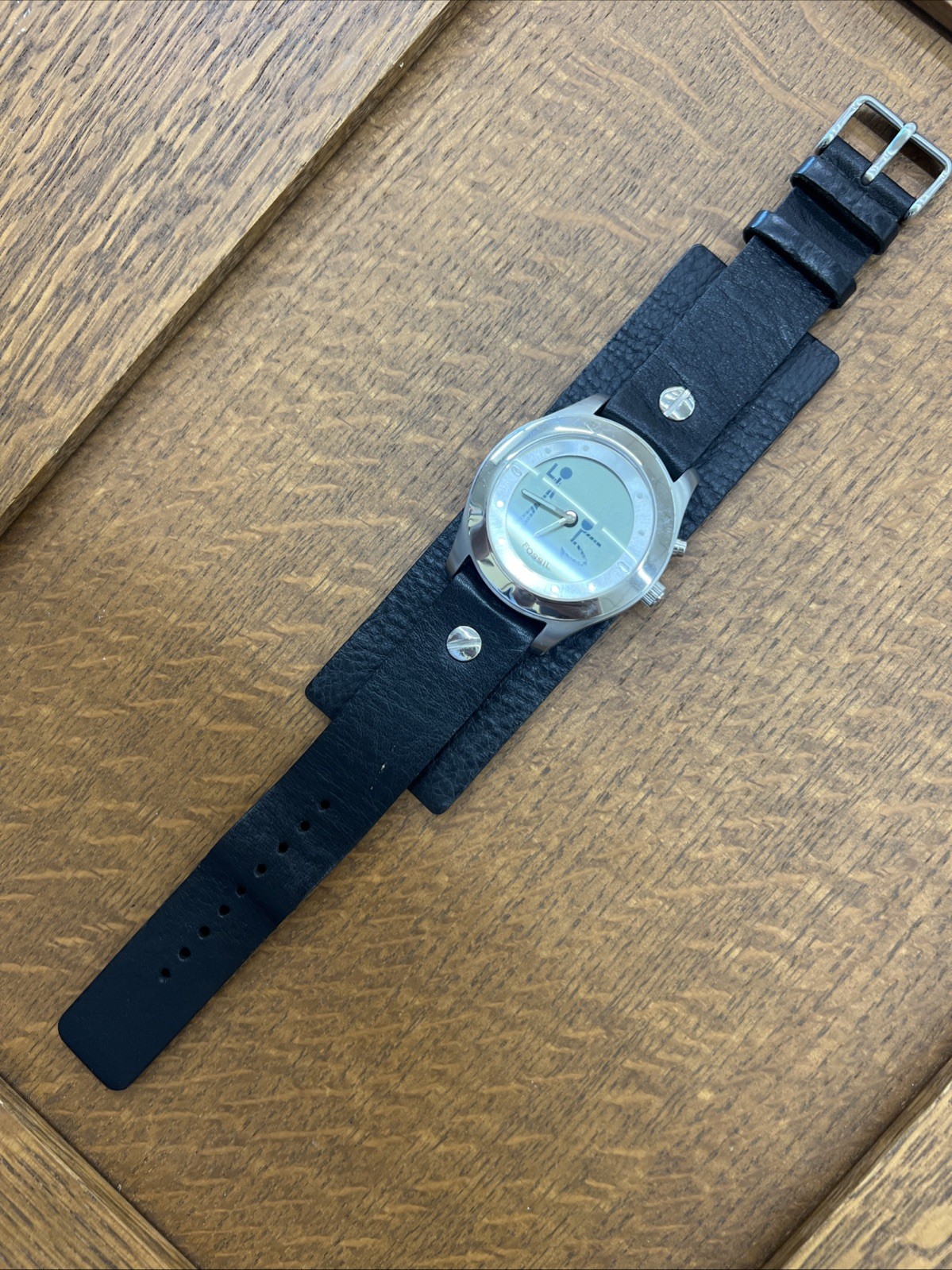 Rare Vintage Fossil Big Tic Watch W/ Animated Figure Dial Robots Black Leather