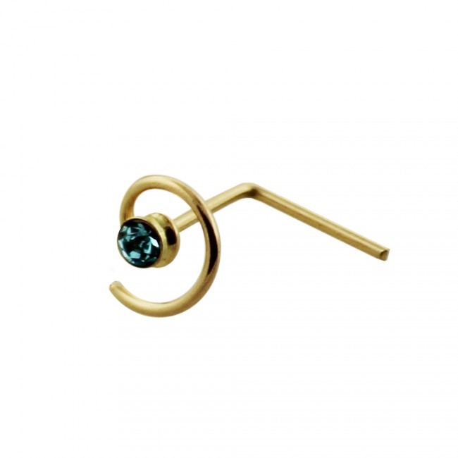 1x 22g 9K Solid Yellow Gold Spiral Coil CZ Gem L Shape Nose Ring Pin Bar 9KNS022