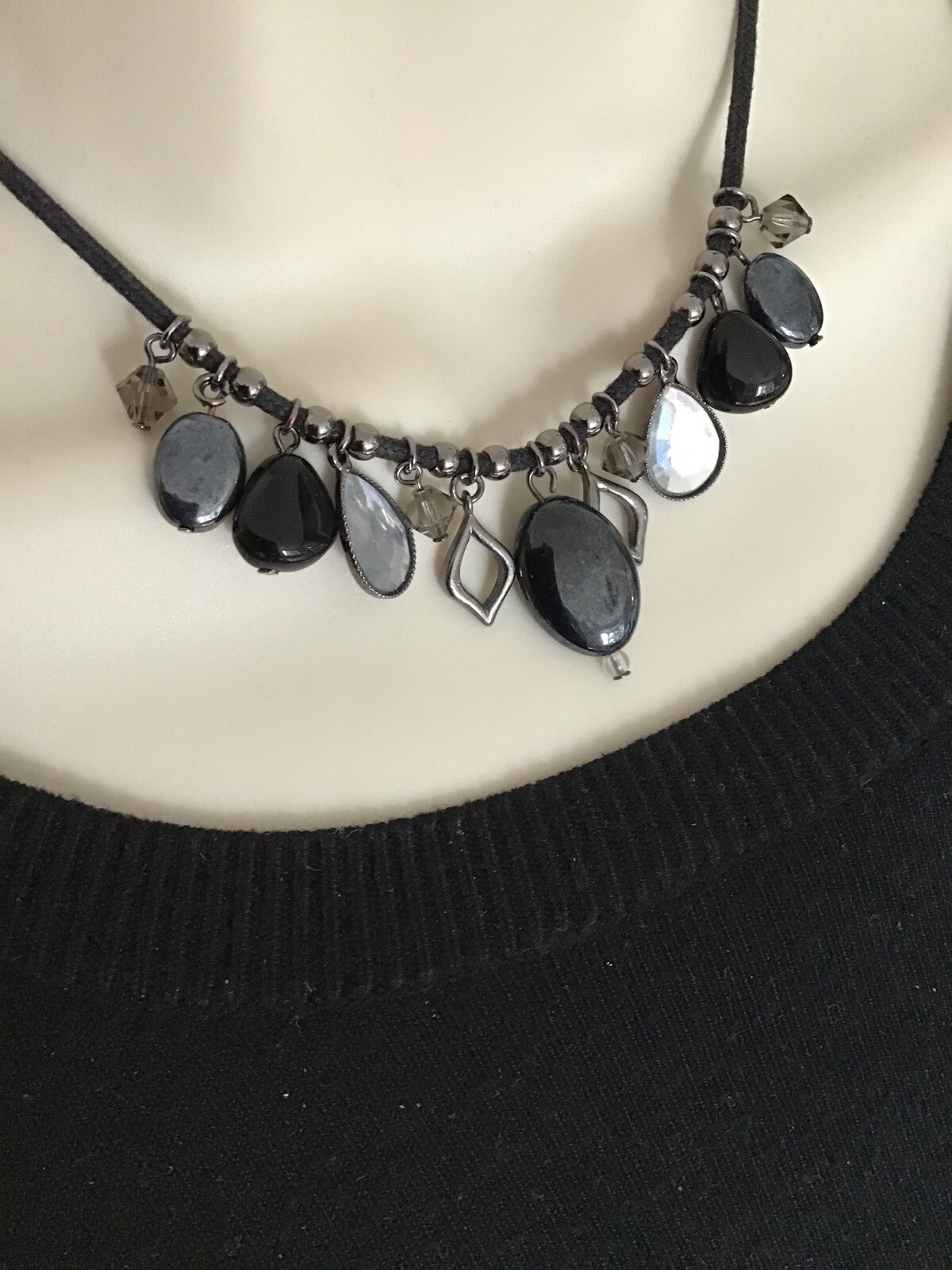NEXT Necklace Diamanté & Beads on black Cord Lovely 36cm F1