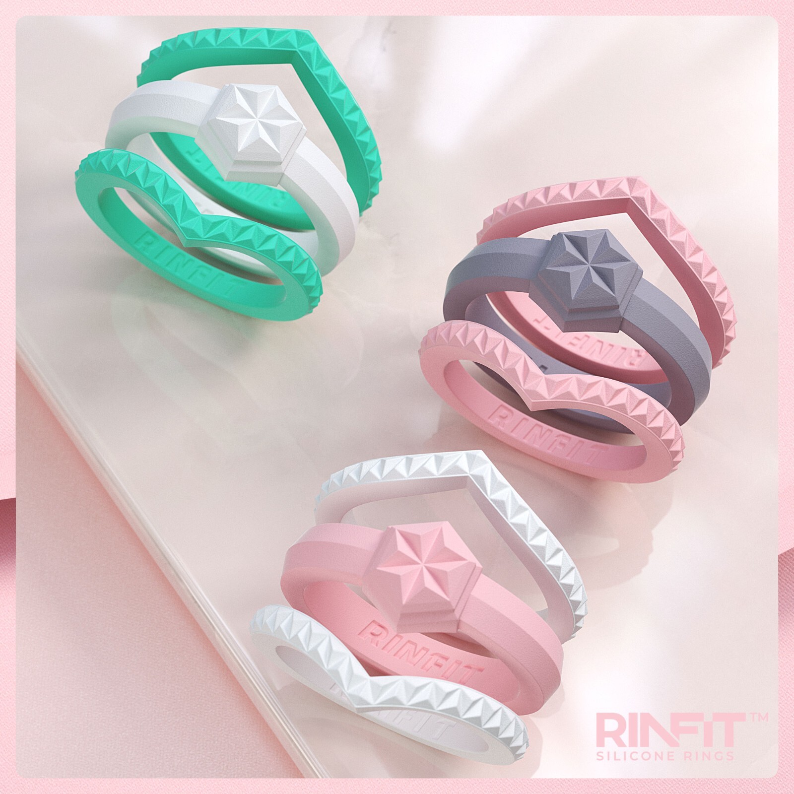 Silicone Wedding Rings for Women by Rinfit. 3 Rings Set Metallic Colors