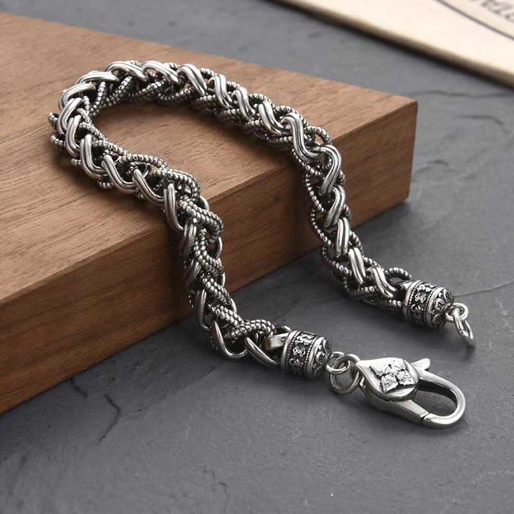 Solid 925 Sterling Silver 7mm Wheat Link With Vajra Clasp Men’s Bracelet