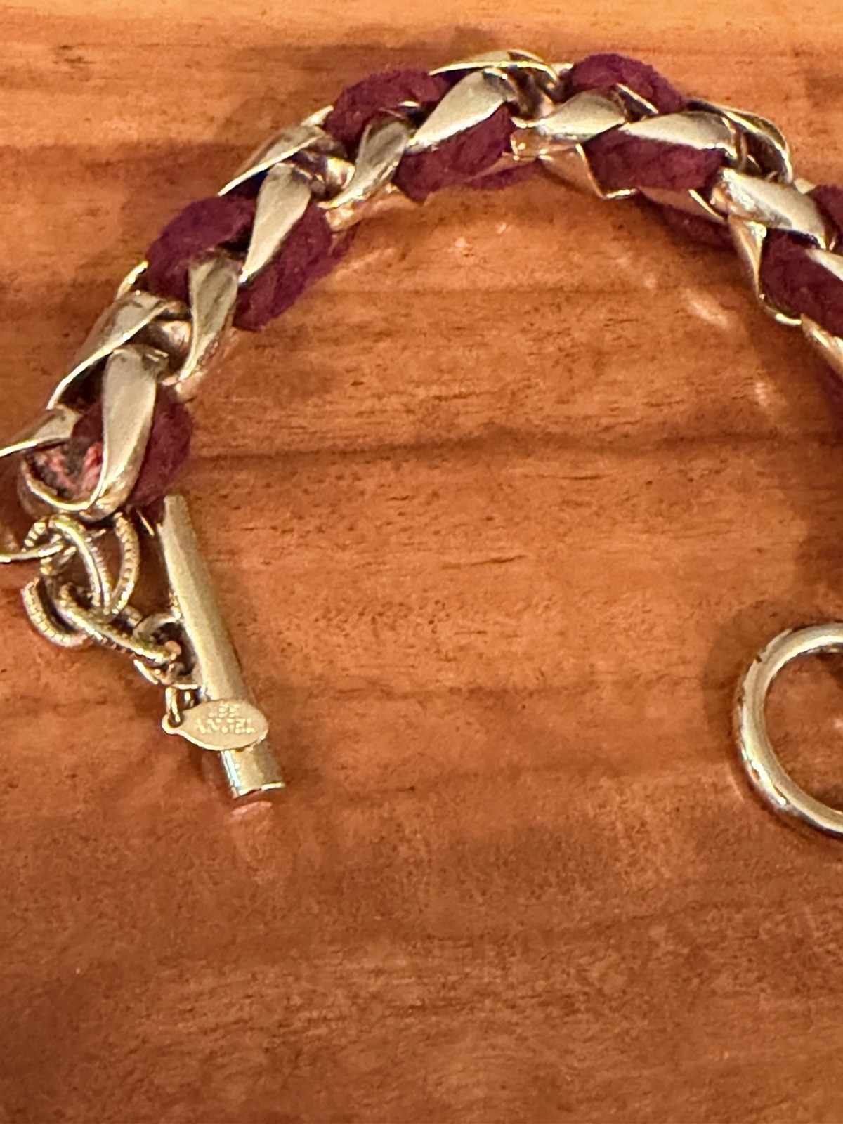 Lee Angel Gold Tone Chain & Burgundy Suede Link Bracelet| Statement Bracelet