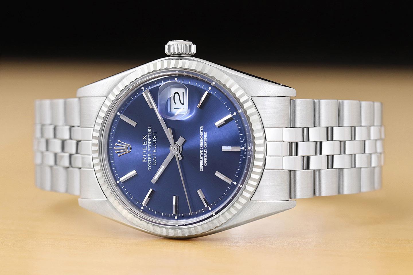 ROLEX MENS DATEJUST BLUE DIAL FLUTED BEZEL 18K WHITE GOLD STAINLESS STEEL WATCH