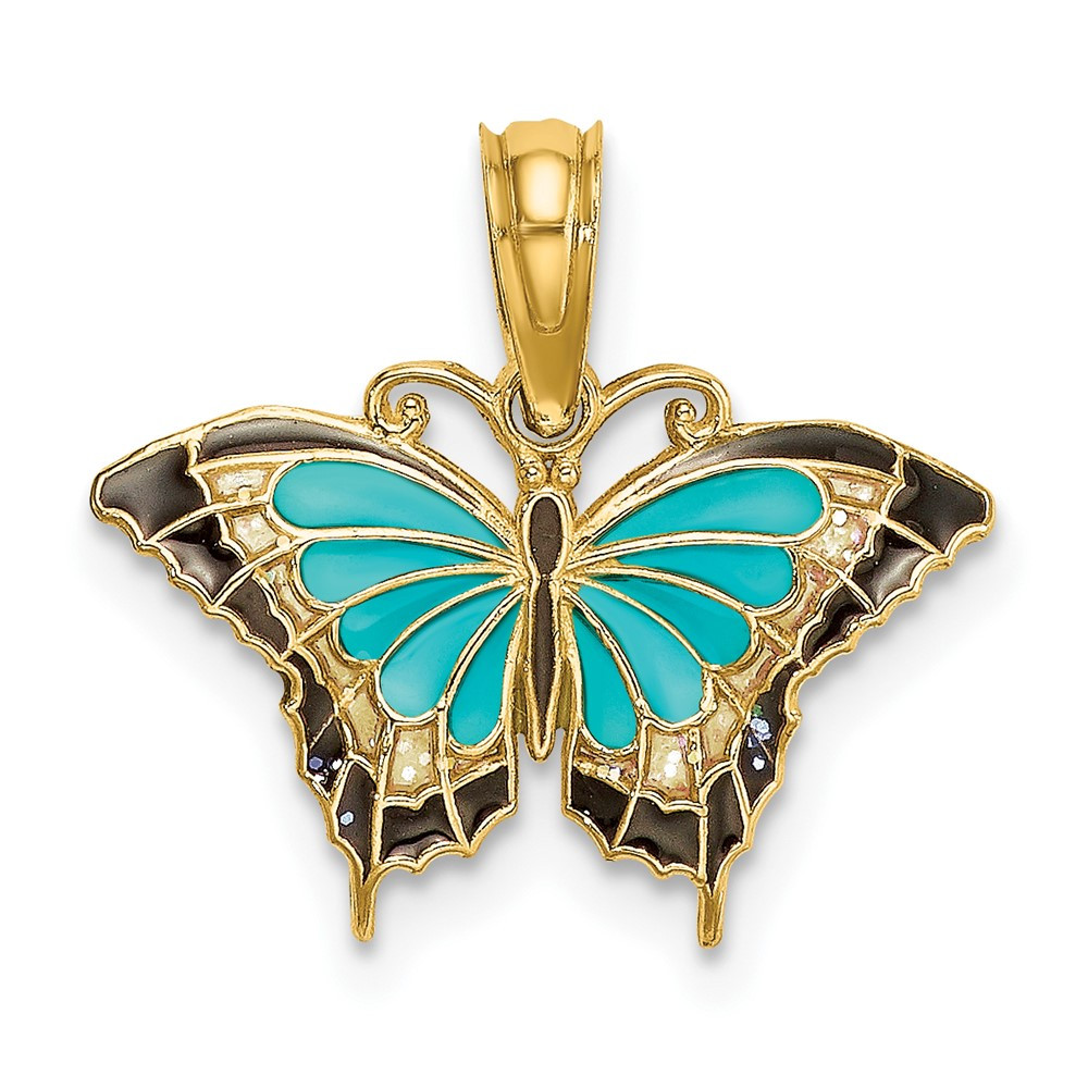 10k Yellow Gold Aqua Enameled Wings Butterfly Charm Pendant 0.64gm L-15.1mm