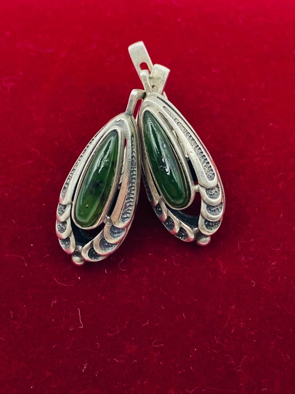 Vintage soviet Jade Earrings Silver 875 Cabochon ussr СЮ