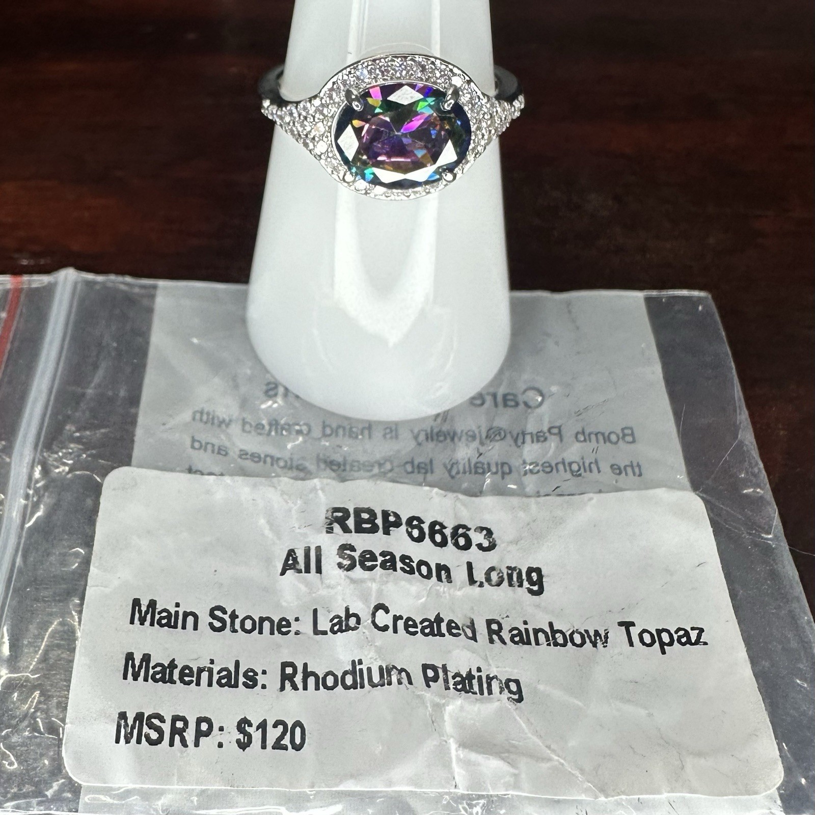 Bomb Party Ring- 6663- Lab Created Rainbow Topaz- Size 8- Rhodium Plated