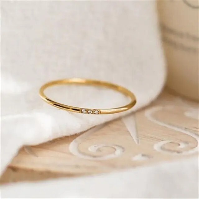 Women 1mm Thin Silver Gold Plated CZ Inlay Stainless Steel Stackable Ring Band