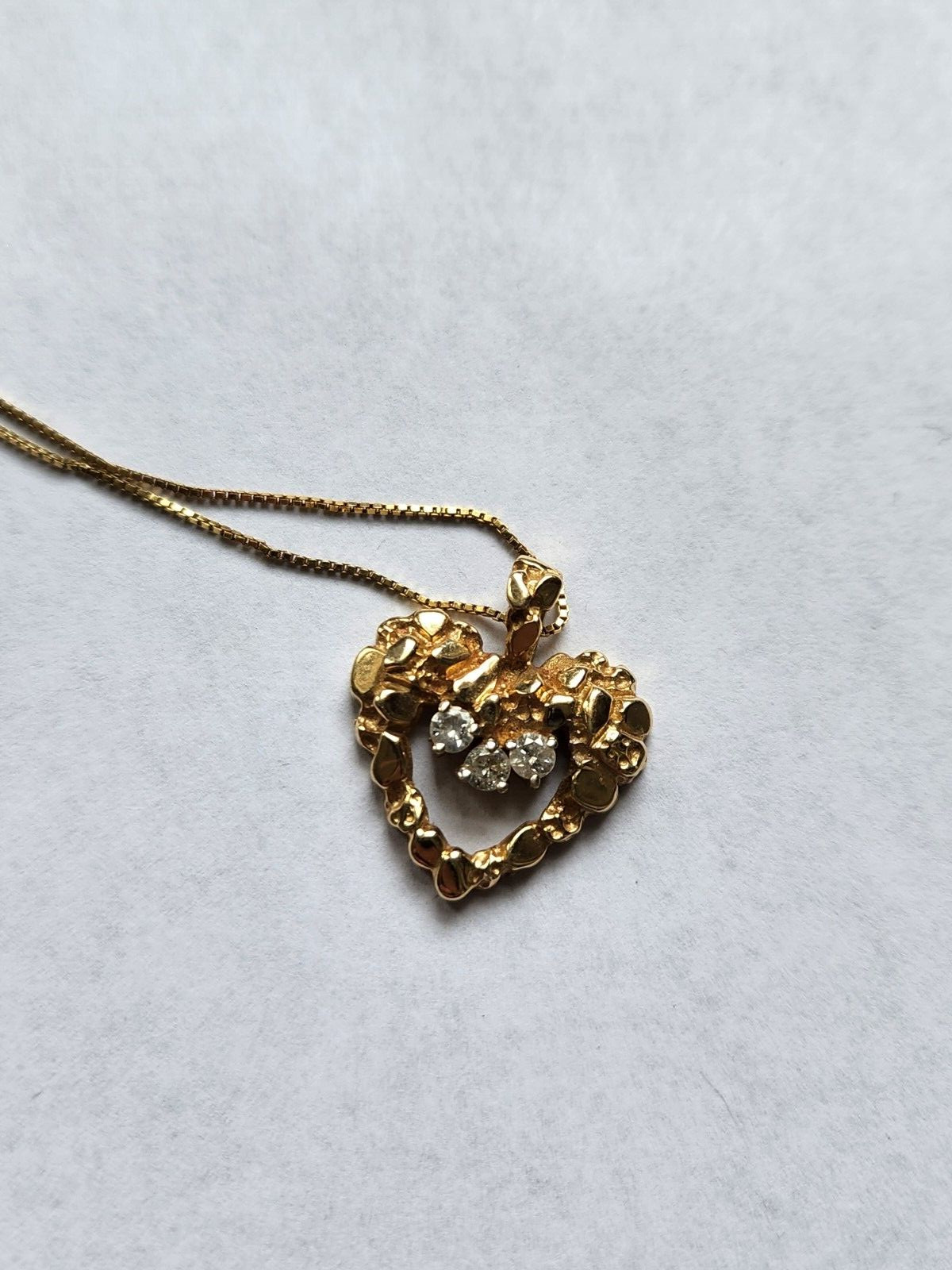 14K Solid Gold Diamond Nugget Heart Pendant Necklace-3.97 Grams