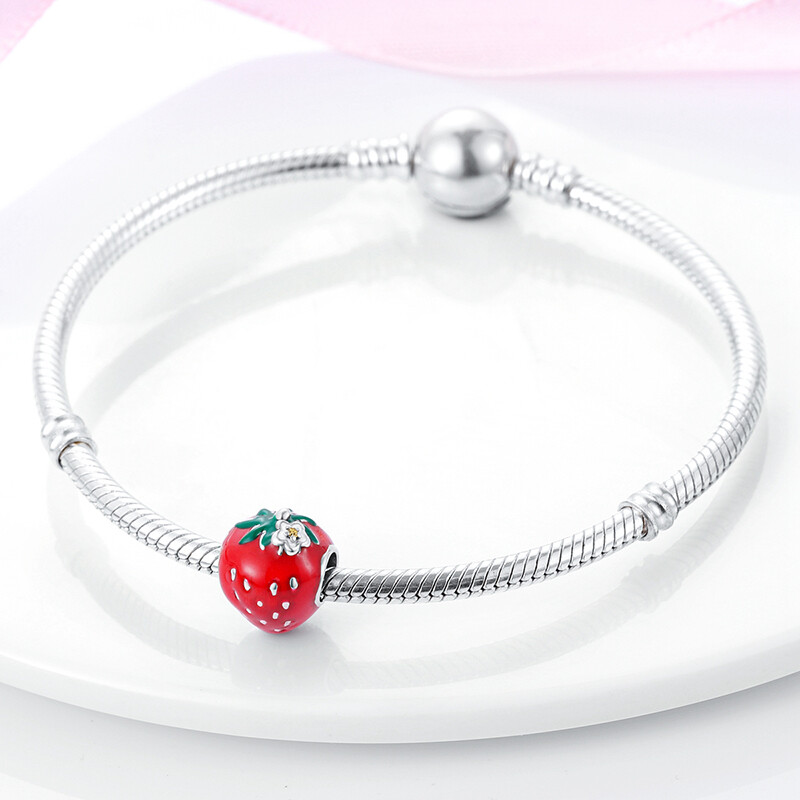 MULA Original Red Enamel Strawberry DIY Charm CZ Fit Bracelet 925 Silver Plated