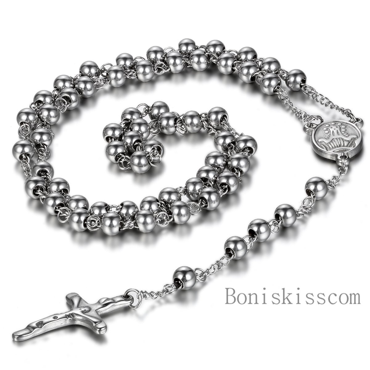 Stainless Steel Jesus Christ Crucifix Cross Rosary Bead Chain Pendant Necklace