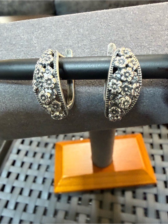 Sterling Silver Floral Hoop Earrings 925 Oxidized Flower Leverback Vintage 3MB