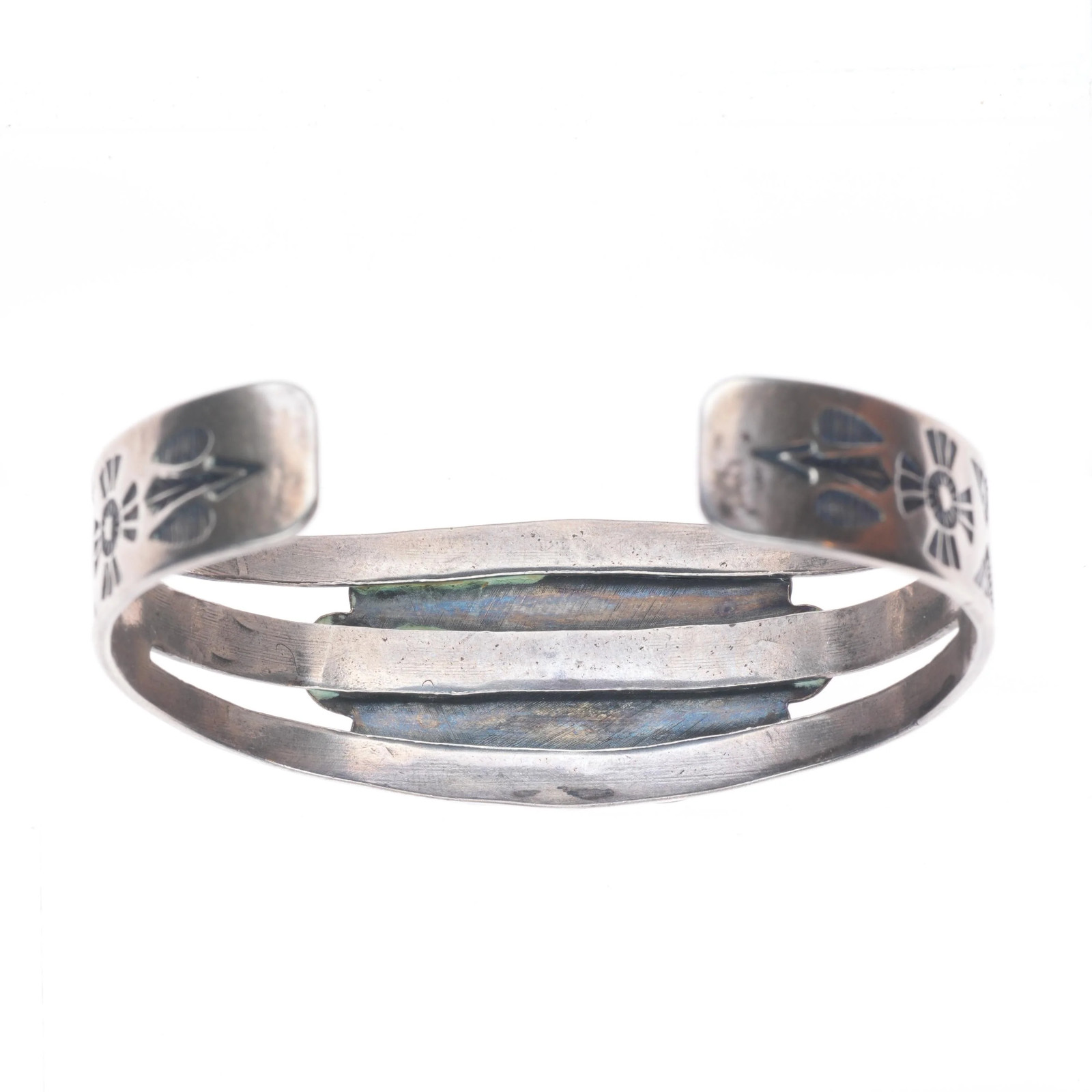 6.3″ c1940 Vintage Fred Harvey era sterling silver green turquoise cuff bracelet