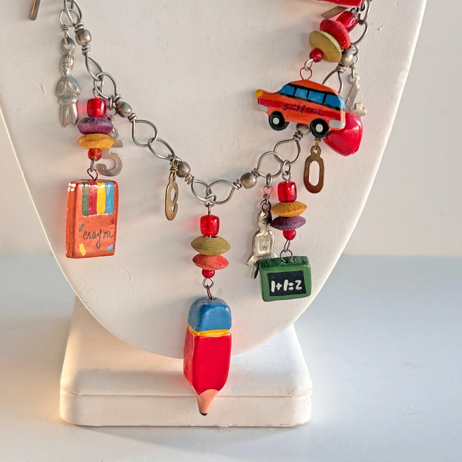 Kitchy School Teacher Themed Charm Necklace Buses Pencils Books Numbers 31″ J10